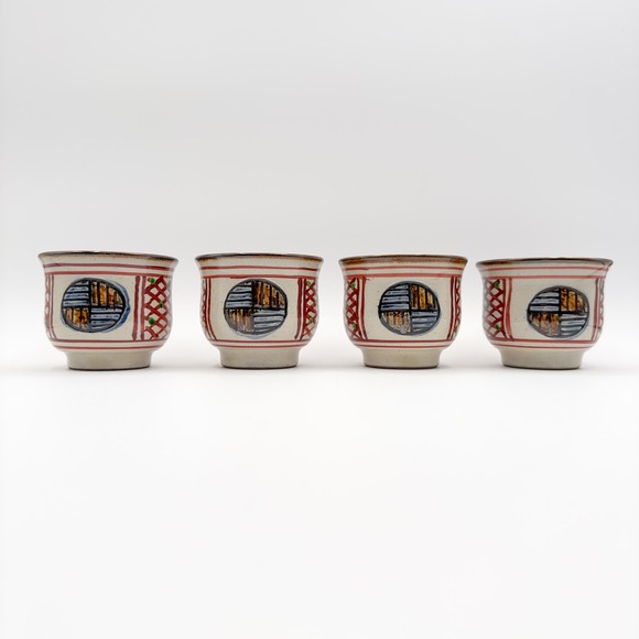 Japanese Hand Painted Okinawa  Tsuboya-yaki Pottery Tea Cups Set of Four w Birds - Picture 10 of 12